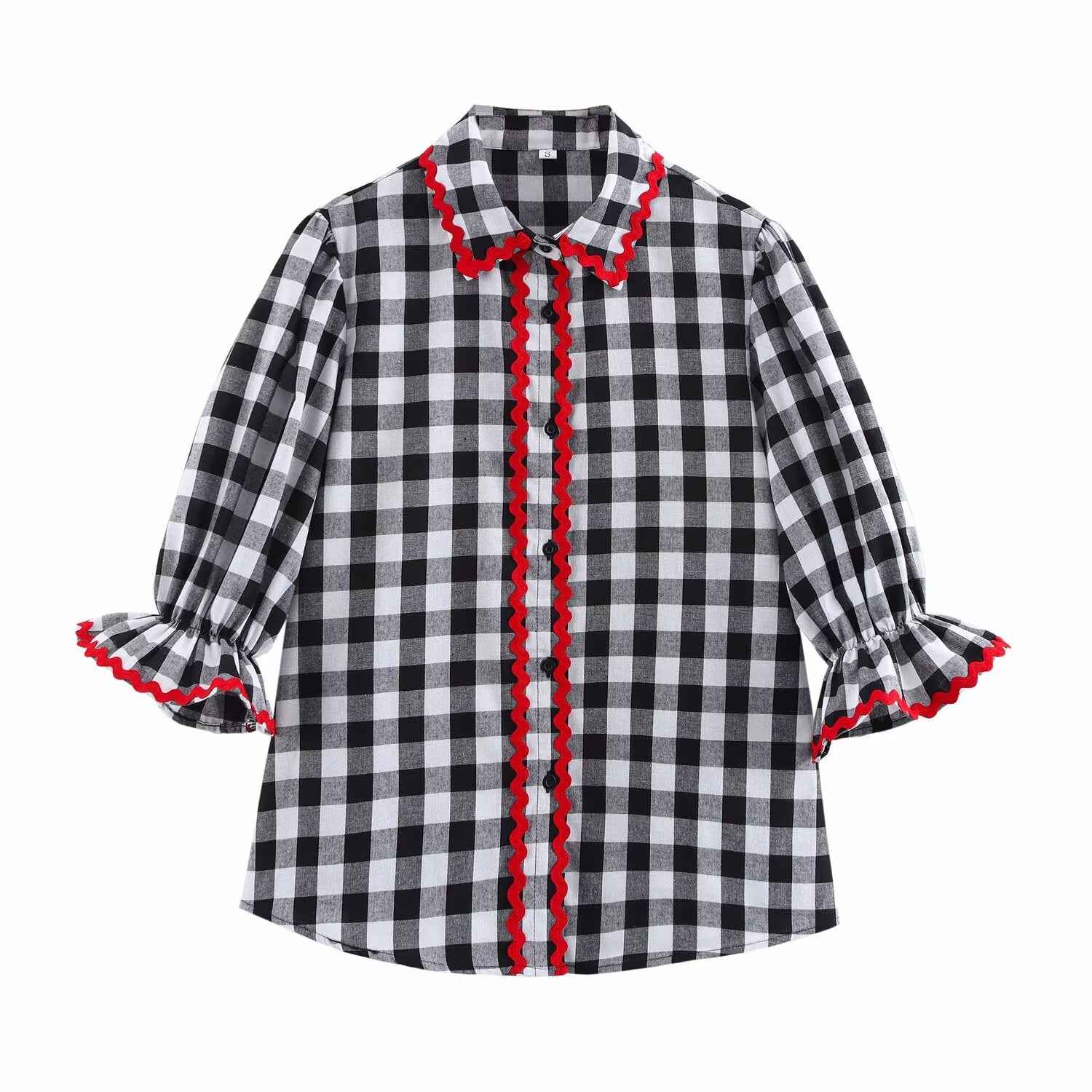 Spring Home Wear Retro Color Contrast Check Half Sleeve Shirt Trousers for Women