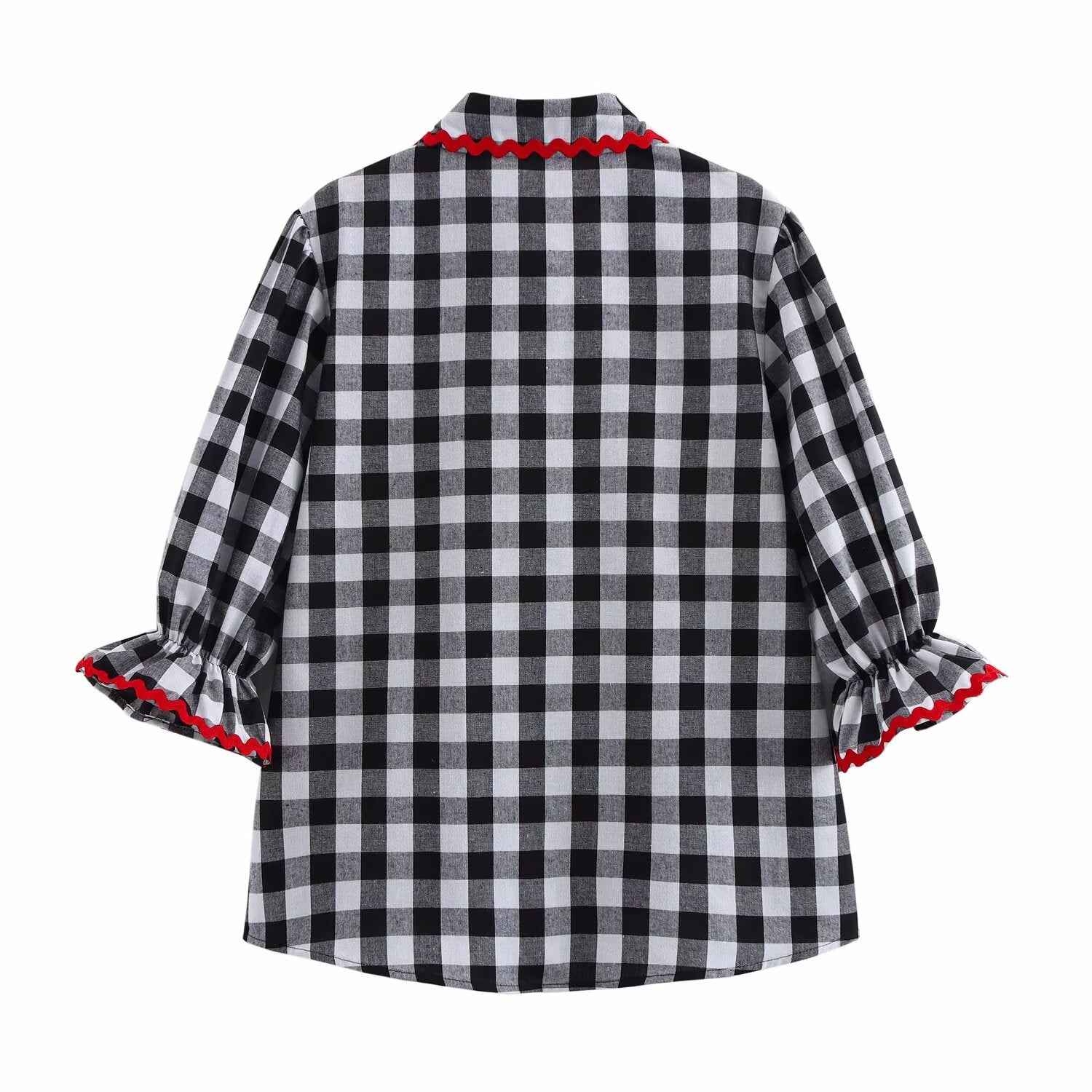 Spring Home Wear Retro Color Contrast Check Half Sleeve Shirt Trousers for Women