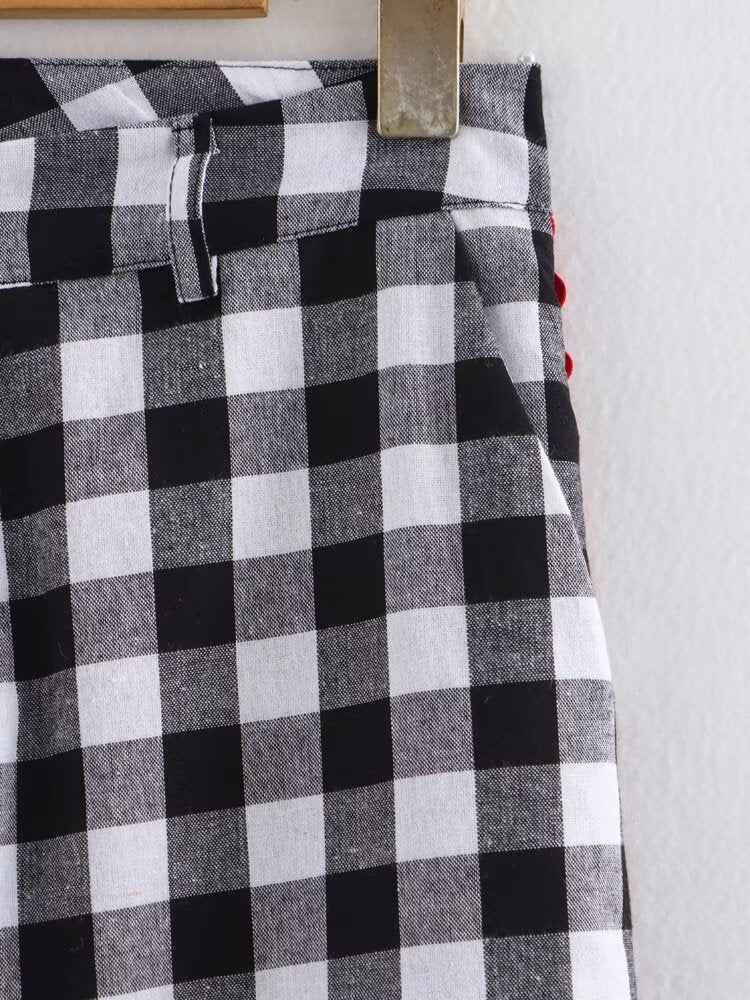 Spring Home Wear Retro Color Contrast Check Half Sleeve Shirt Trousers for Women