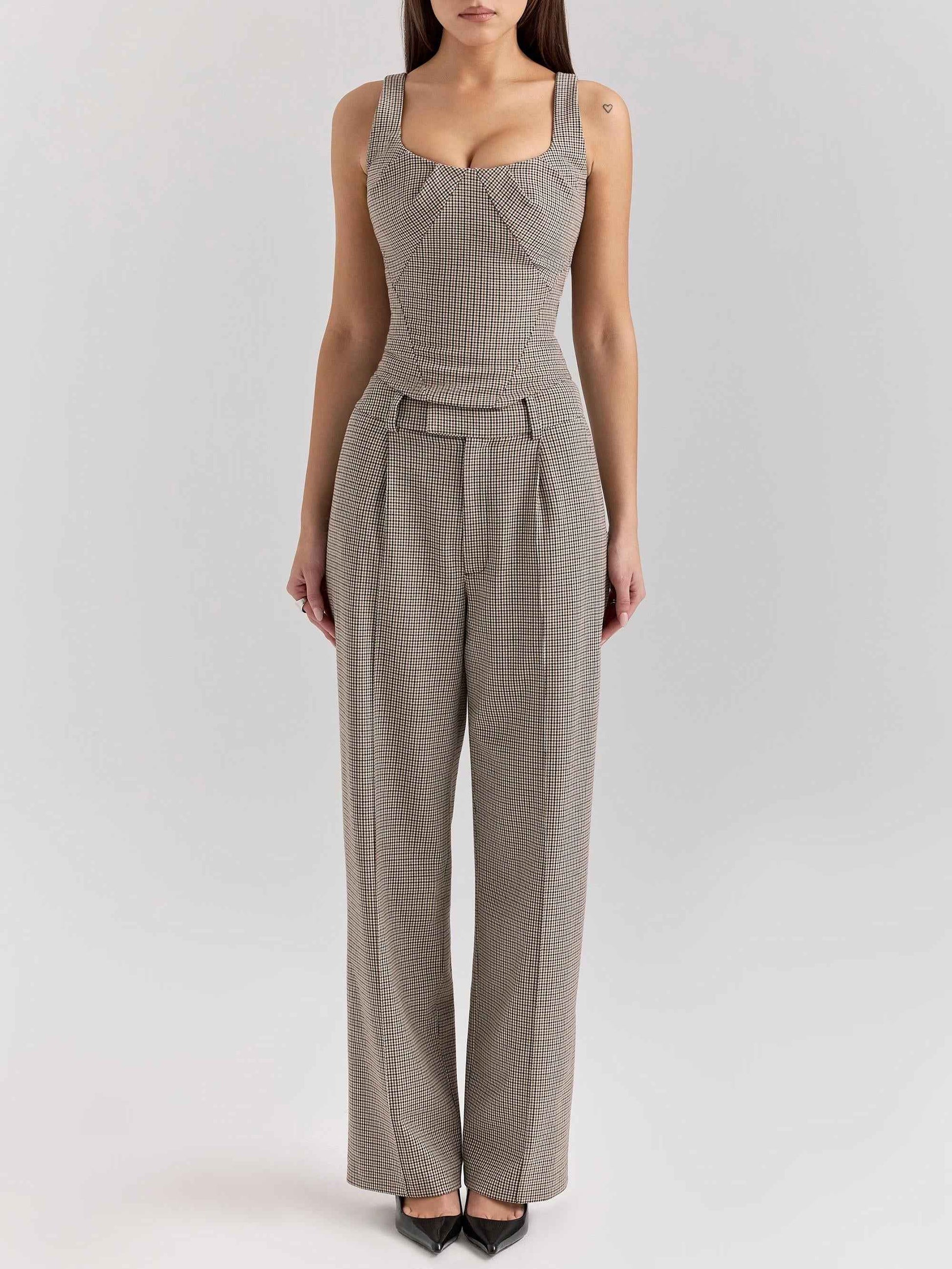 Houndstooth Pattern Two Piece Sets Sexy Slim Fit Backless Vest Mid Waist Casual Trousers