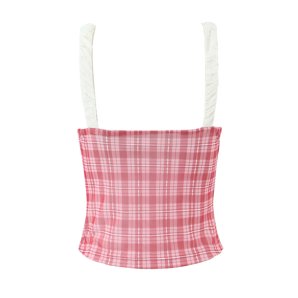 Sexy Women Pink Plaid V neck Stitching Camisole Tight Sexy Sheath Shorts Sets - ALZO