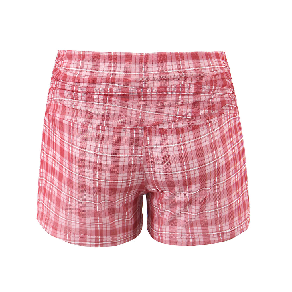 Sexy Women Pink Plaid V neck Stitching Camisole Tight Sexy Sheath Shorts Sets - ALZO