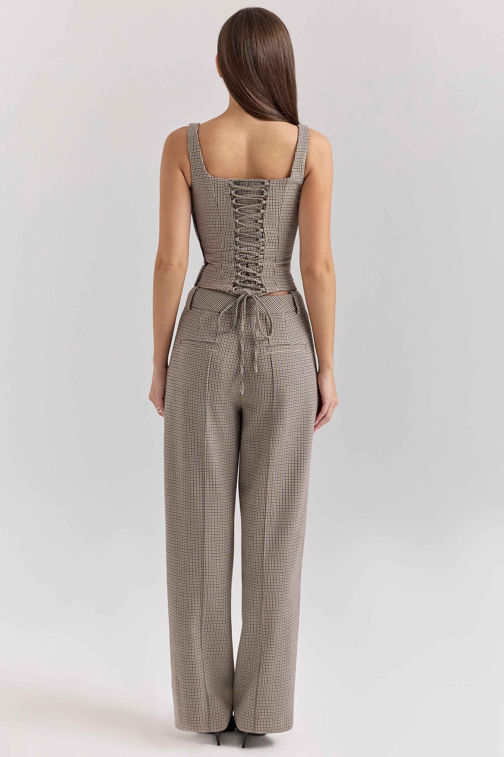Houndstooth Pattern Two Piece Sets Sexy Slim Fit Backless Vest Mid Waist Casual Trousers