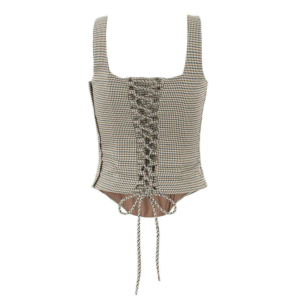 Houndstooth Pattern Two Piece Sets Sexy Slim Fit Backless Vest Mid Waist Casual Trousers