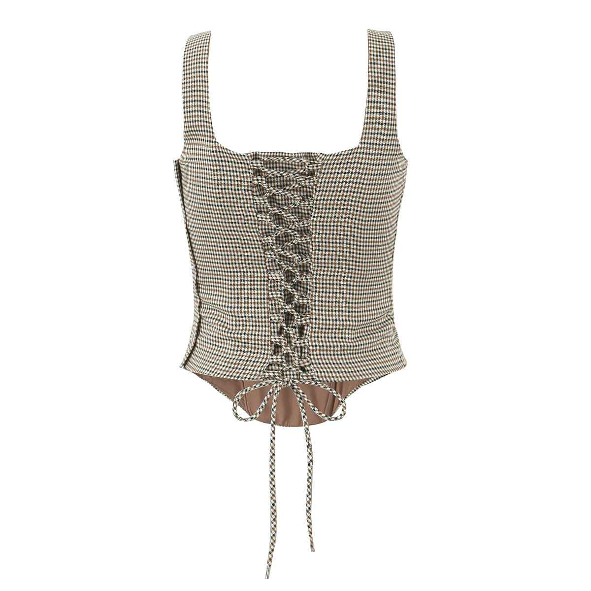 Houndstooth Pattern Two Piece Sets Sexy Slim Fit Backless Vest Mid Waist Casual Trousers
