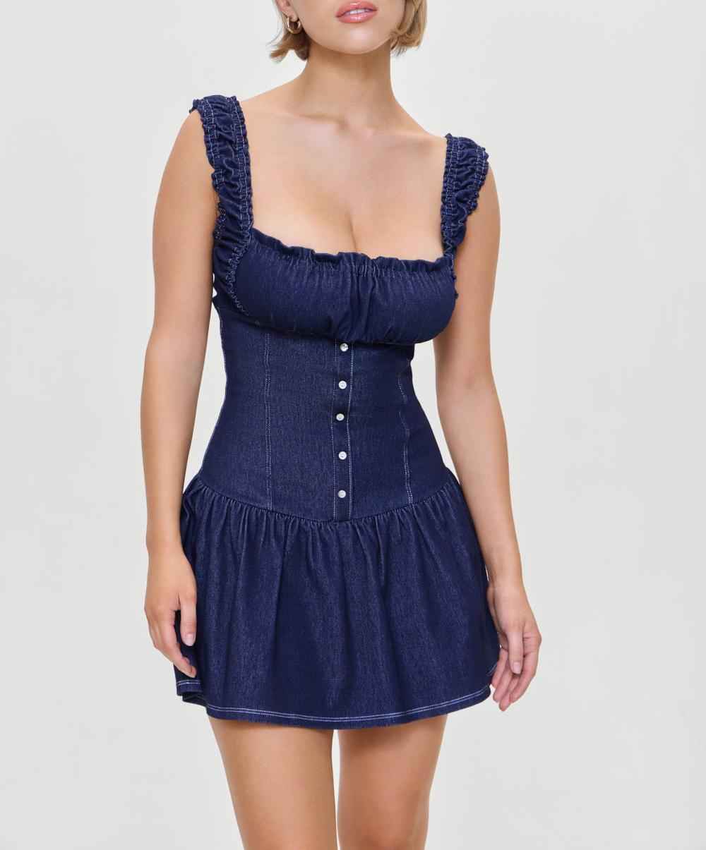 Summer Women Retro Square Collar Pleated Vest Camisole Dress Sexy Waist Tight Lyocell Denim Dress