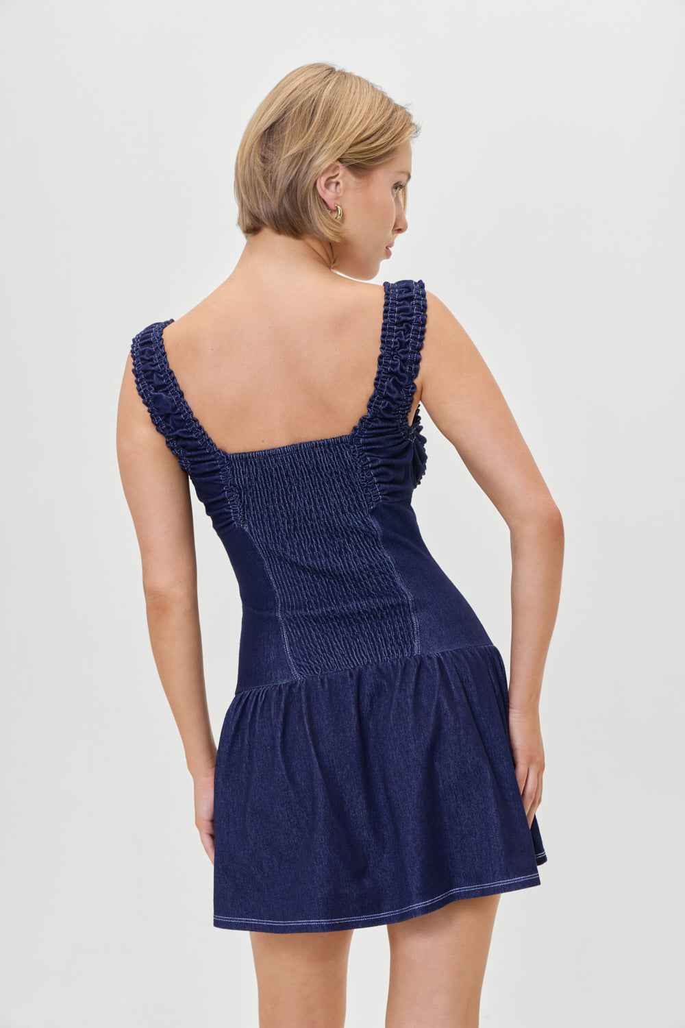 Summer Women Retro Square Collar Pleated Vest Camisole Dress Sexy Waist Tight Lyocell Denim Dress