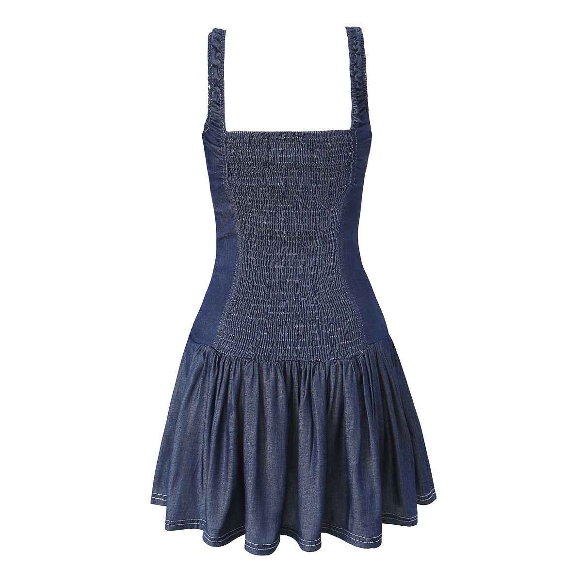 Summer Women Retro Square Collar Pleated Vest Camisole Dress Sexy Waist Tight Lyocell Denim Dress