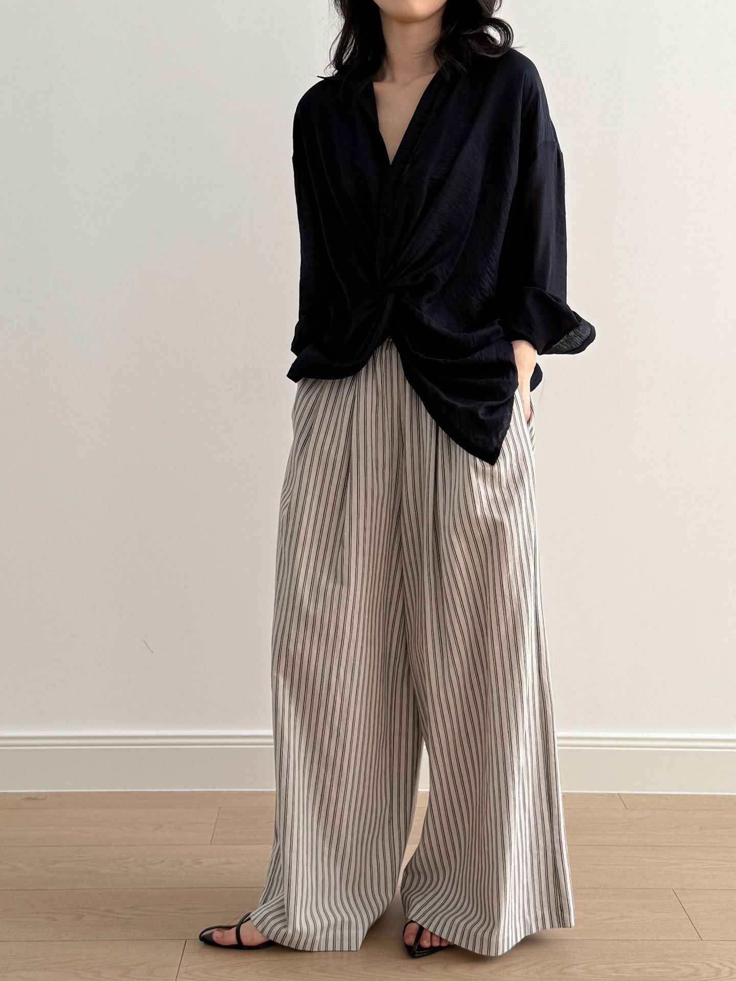 Simple Vertical Striped Casual Pants Women Summer Loose Feeling Loose Wide Leg Draggle Tail Trousers