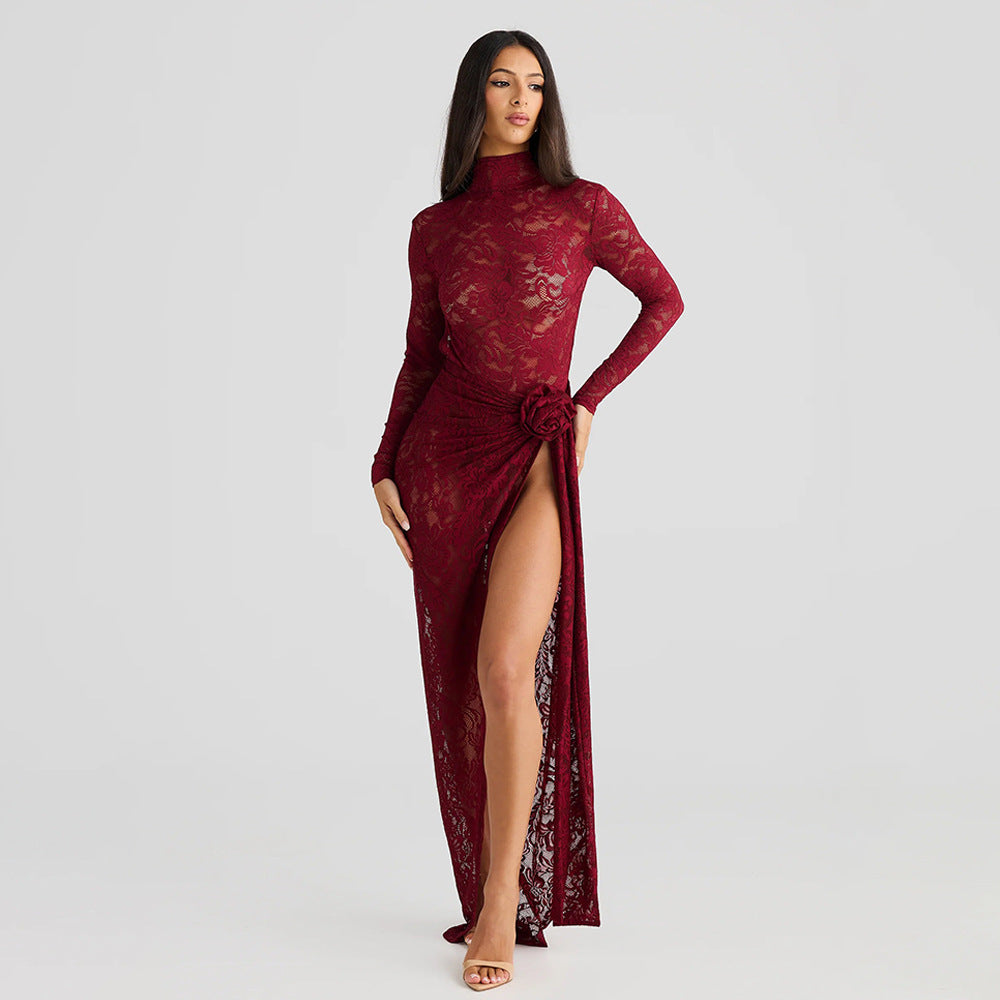 Sexy Slim Fit See through Two Piece Sets Half Turtleneck Bare Back Jumpsuit Side Slit Skirt - ALZO