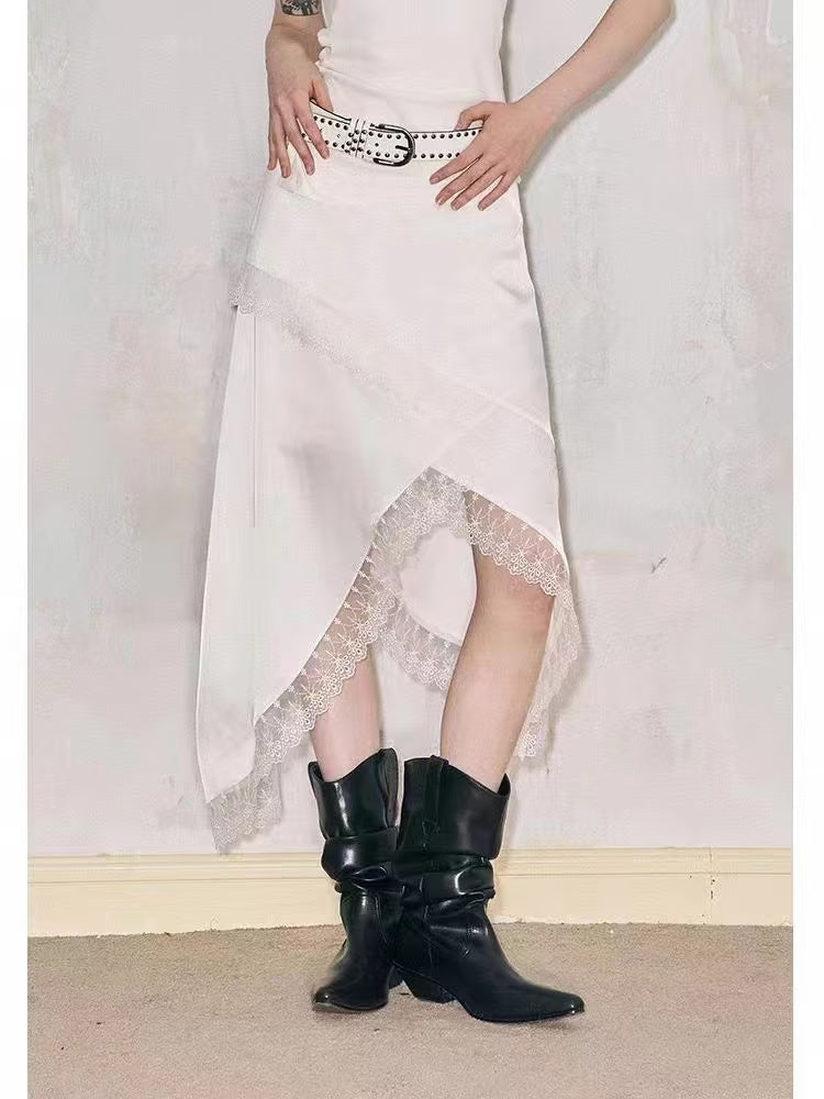Spring Women Clothing Solid Color Multi Layer Irregular Asymmetric Lace Edge Tiered Skirt - ALZO
