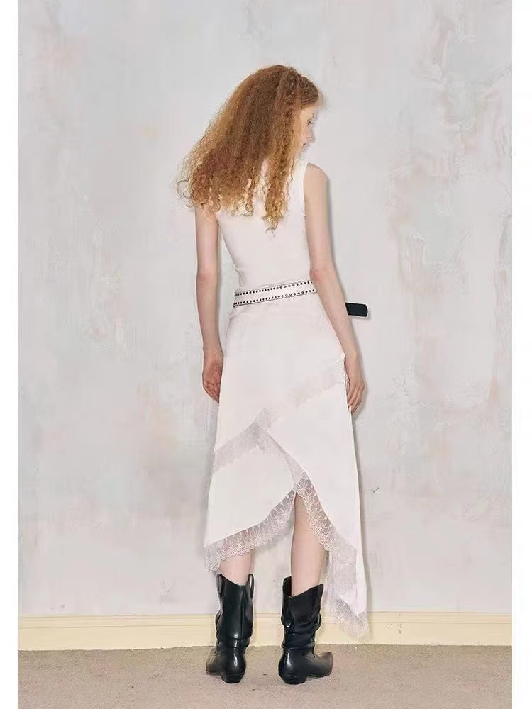 Spring Women Clothing Solid Color Multi Layer Irregular Asymmetric Lace Edge Tiered Skirt - ALZO