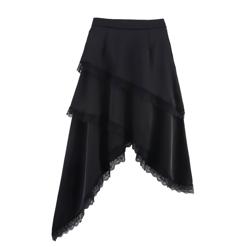 Spring Women Clothing Solid Color Multi Layer Irregular Asymmetric Lace Edge Tiered Skirt - ALZO