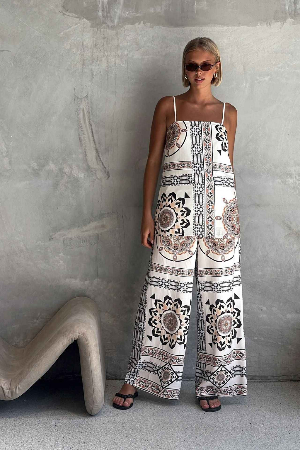 Summer Positioning Printing Loose Casual Sling Top Wide Leg Straight Pants Set