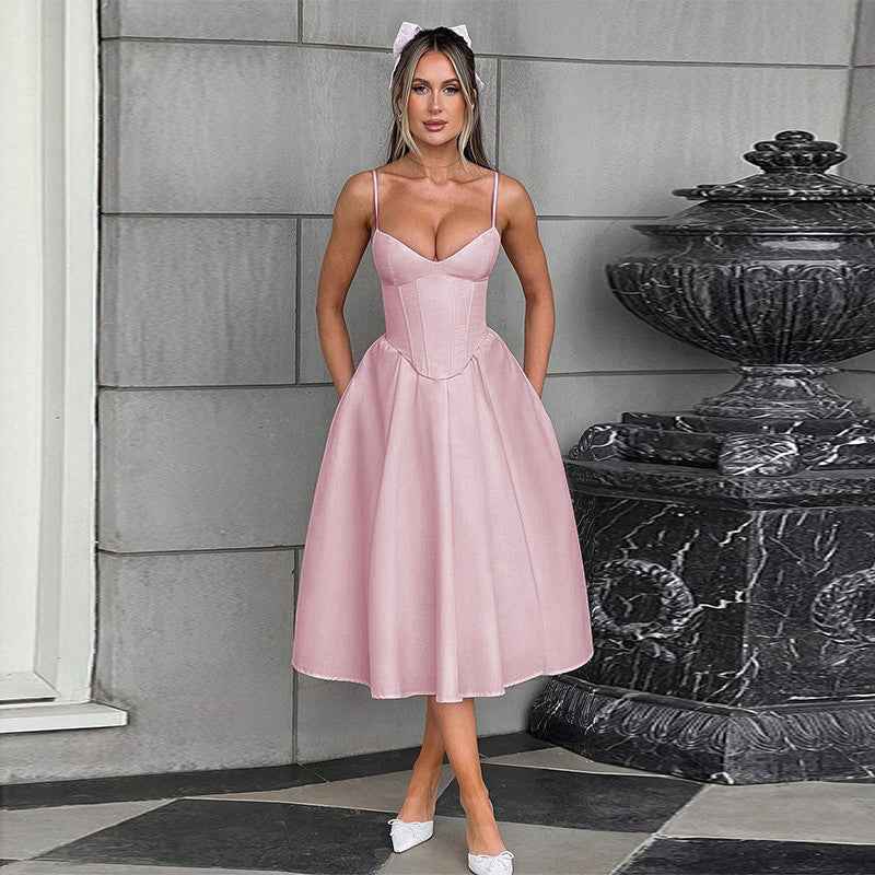 Fashionable Waist Strap Dress Spring Slim Fit Solid Color V neck Maxi Dress for Women