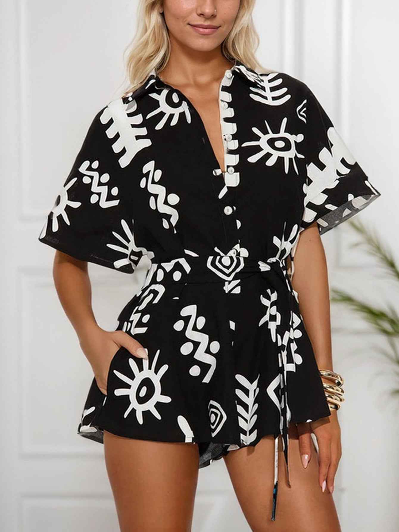 Summer Women Clothing Blouse Collar Waist Women Short Sleeved Jumpsuit Casual Loose Jumpsuit