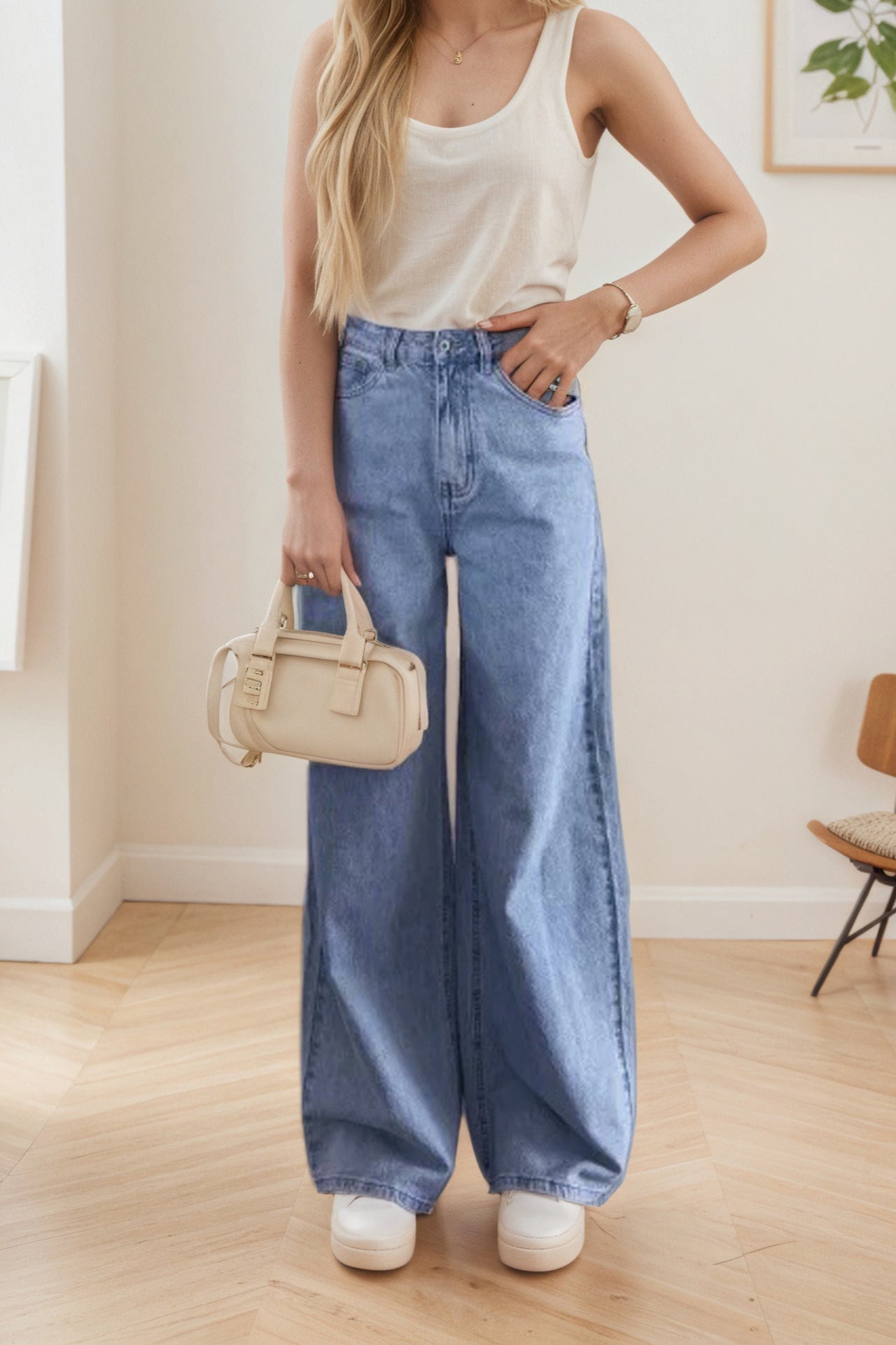 Nostalgic Light Color Stretch High Waist Loose Retro Wide Leg Denim Trousers - ALZO