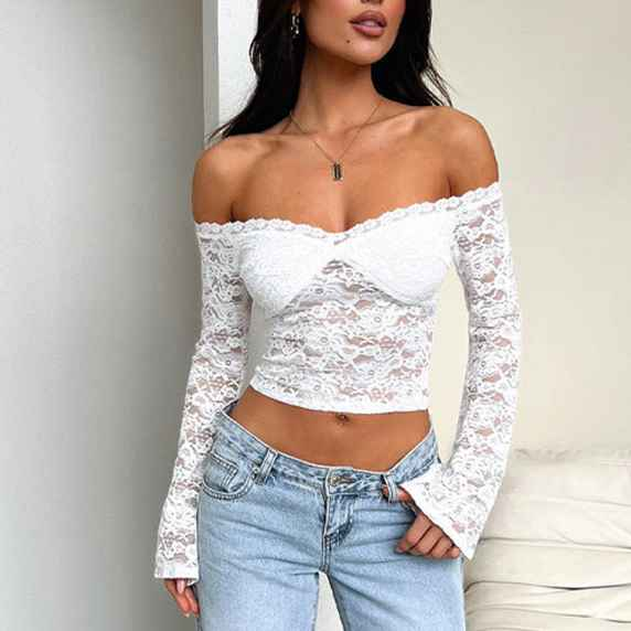 Women Clothing Fall Fashionable Elegant Sexy Sexy See through Lace off Shoulder Long Sleeve Top Women