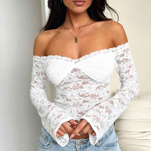 Women Clothing Fall Fashionable Elegant Sexy Sexy See through Lace off Shoulder Long Sleeve Top Women