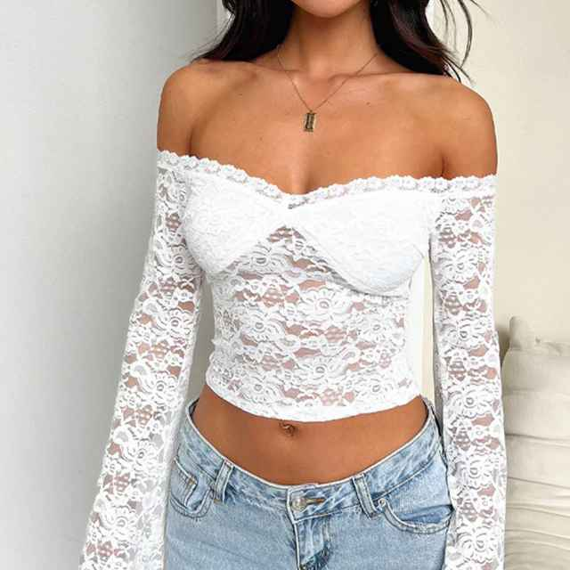 Women Clothing Fall Fashionable Elegant Sexy Sexy See through Lace off Shoulder Long Sleeve Top Women