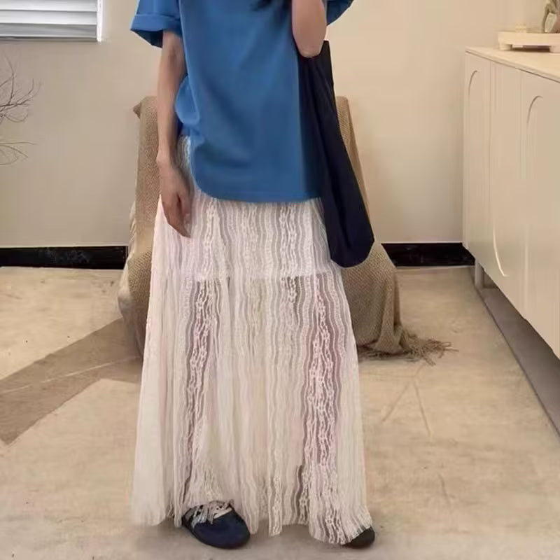 Women Clothing Summer Skirt Office Refined Handmade Lace Jacquard Mesh Skirt Long Skirt - ALZO