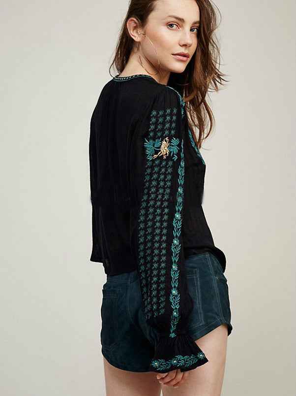 Lady Elegant And Refined Embroidered Flared Sleeve Top