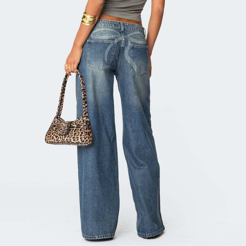 Loose Wide Leg Printed Denim Trousers Women Jeans - ALZO