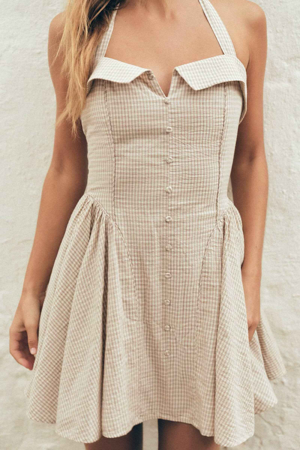 Women Simple Hanging Collar Plaid Sling Dress