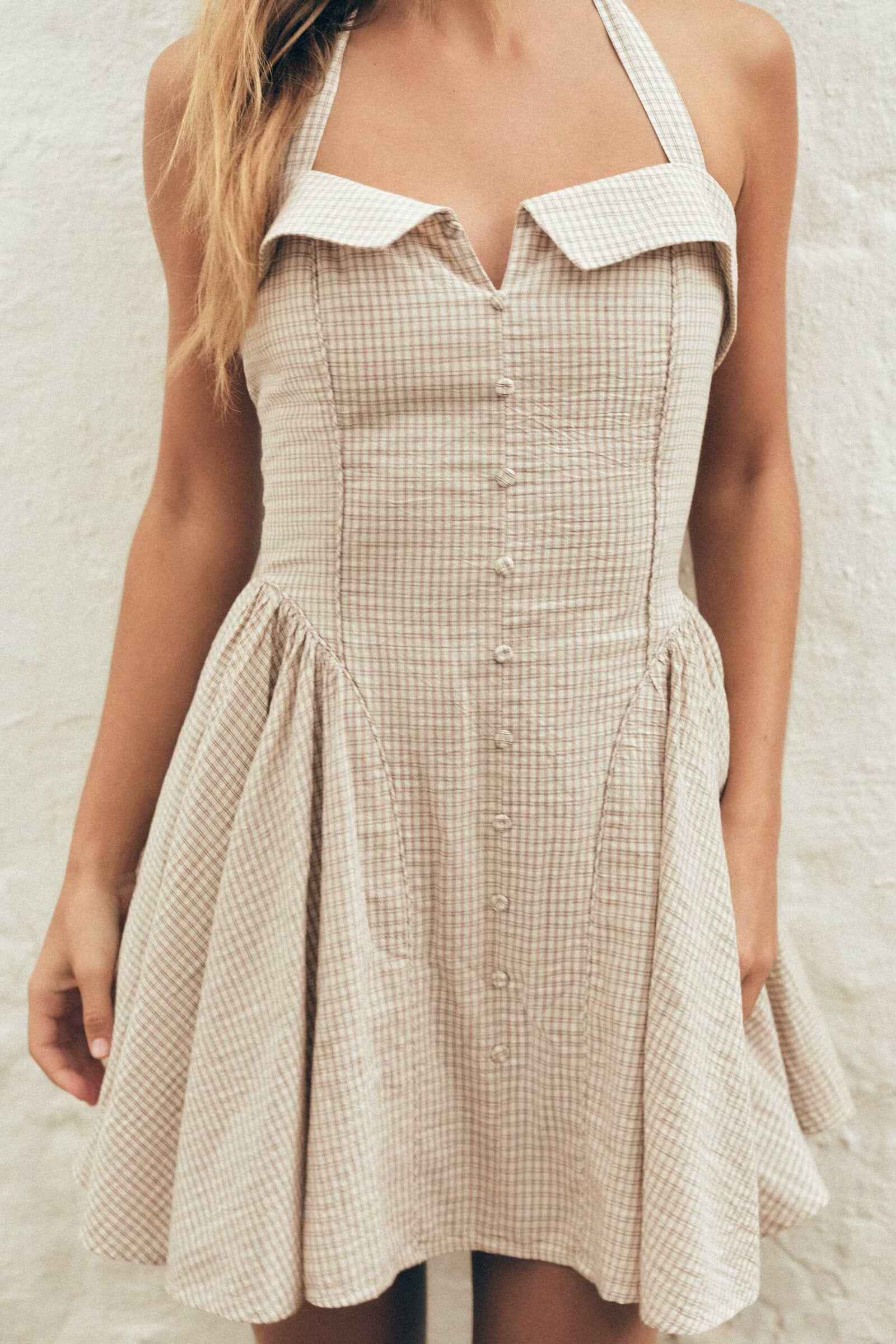 Women Simple Hanging Collar Plaid Sling Dress
