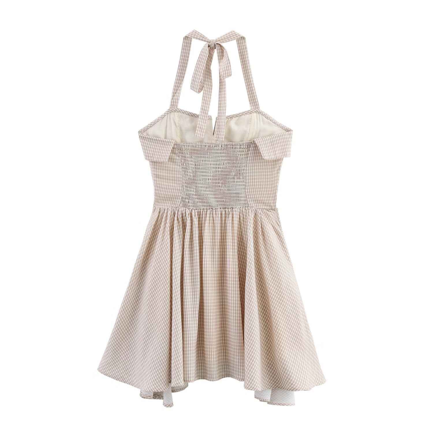Women Simple Hanging Collar Plaid Sling Dress