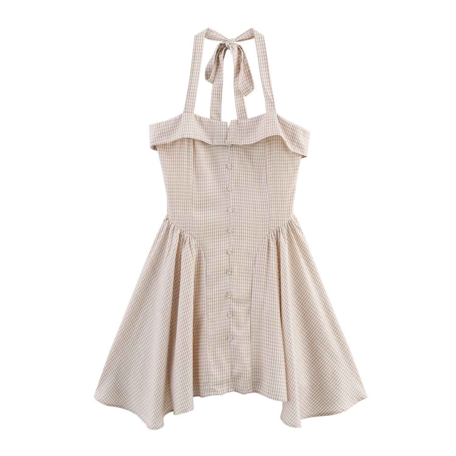 Women Simple Hanging Collar Plaid Sling Dress