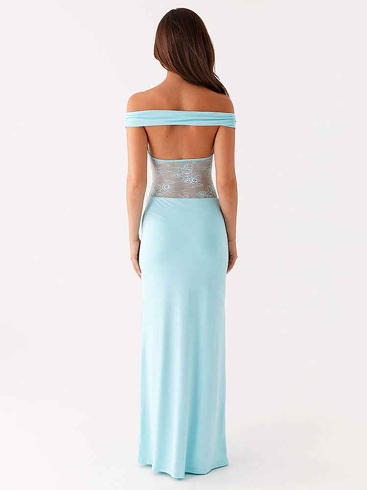 Women Clothing Solid Color off Shoulder Backless Lace Stitching A line Maxi Dress