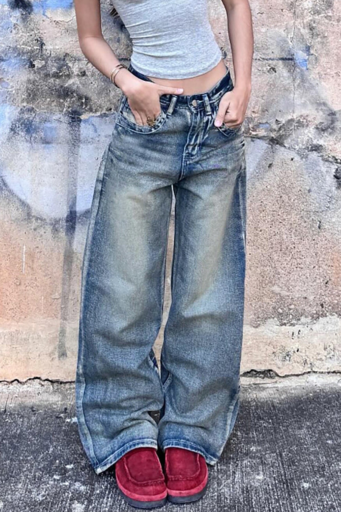 Ladies Loose Back Pocket plus Fold Front Pocket Seam Denim Wide Leg Non Elastic Trousers - ALZO