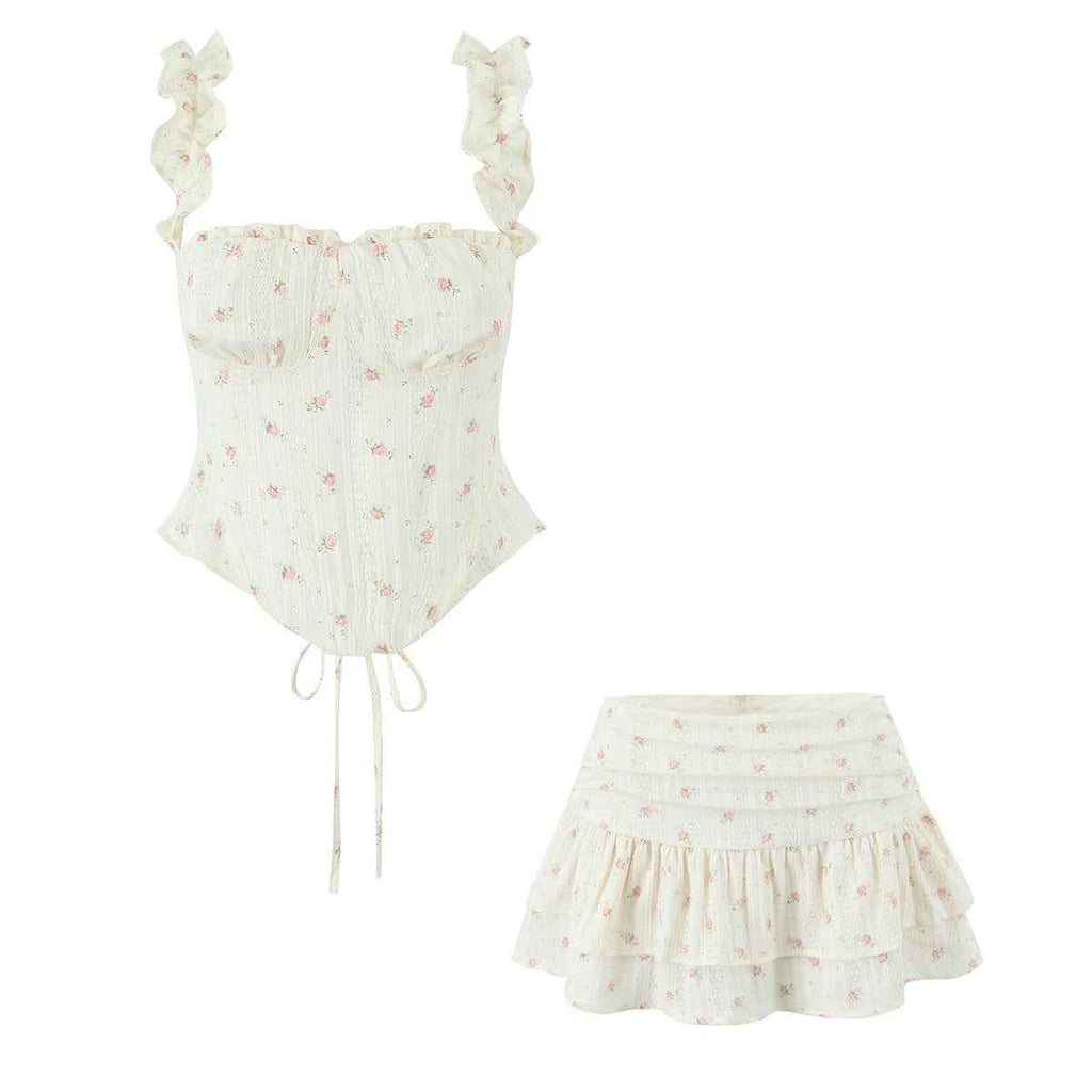 Apricot Small Floral Keel Waist Slim Back Strap Lotus Leaf Small Top Low Waist Cake Layer Mini Skirt Two Piece Sets