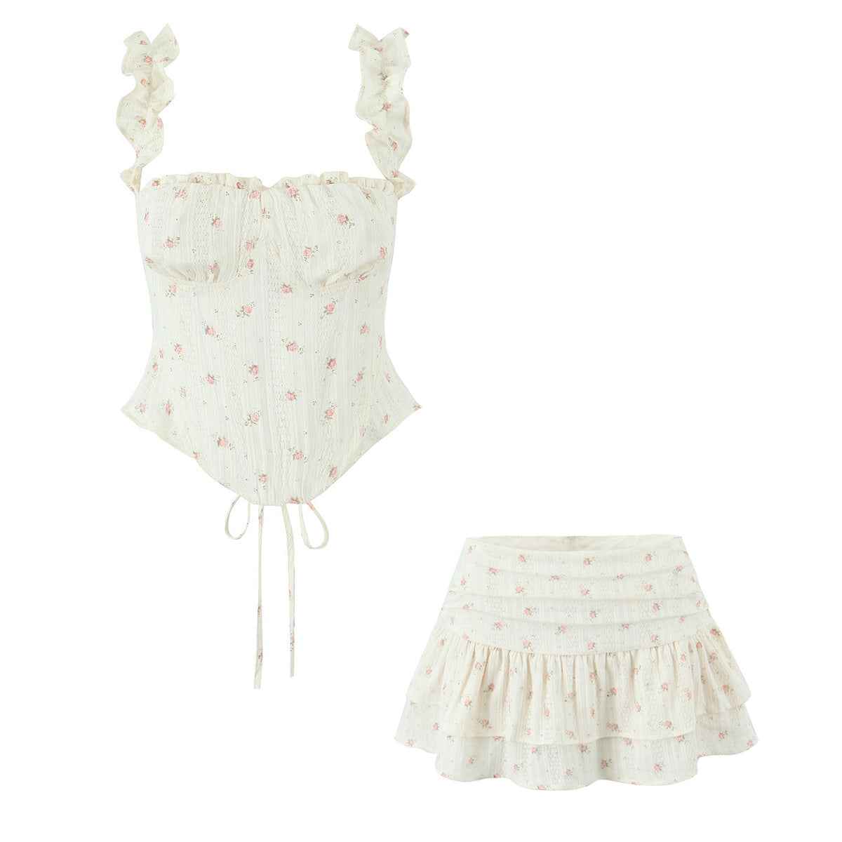 Apricot Small Floral Keel Waist Slim Back Strap Lotus Leaf Small Top Low Waist Cake Layer Mini Skirt Two Piece Sets