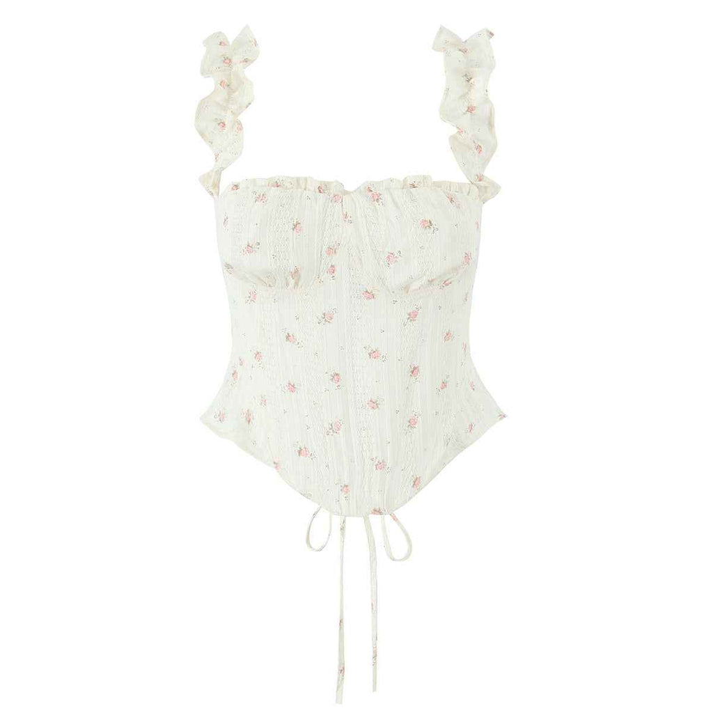 Apricot Small Floral Keel Waist Slim Back Strap Lotus Leaf Small Top Low Waist Cake Layer Mini Skirt Two Piece Sets