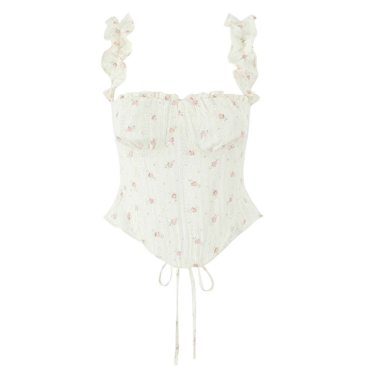 Apricot Small Floral Keel Waist Slim Back Strap Lotus Leaf Small Top Low Waist Cake Layer Mini Skirt Two Piece Sets