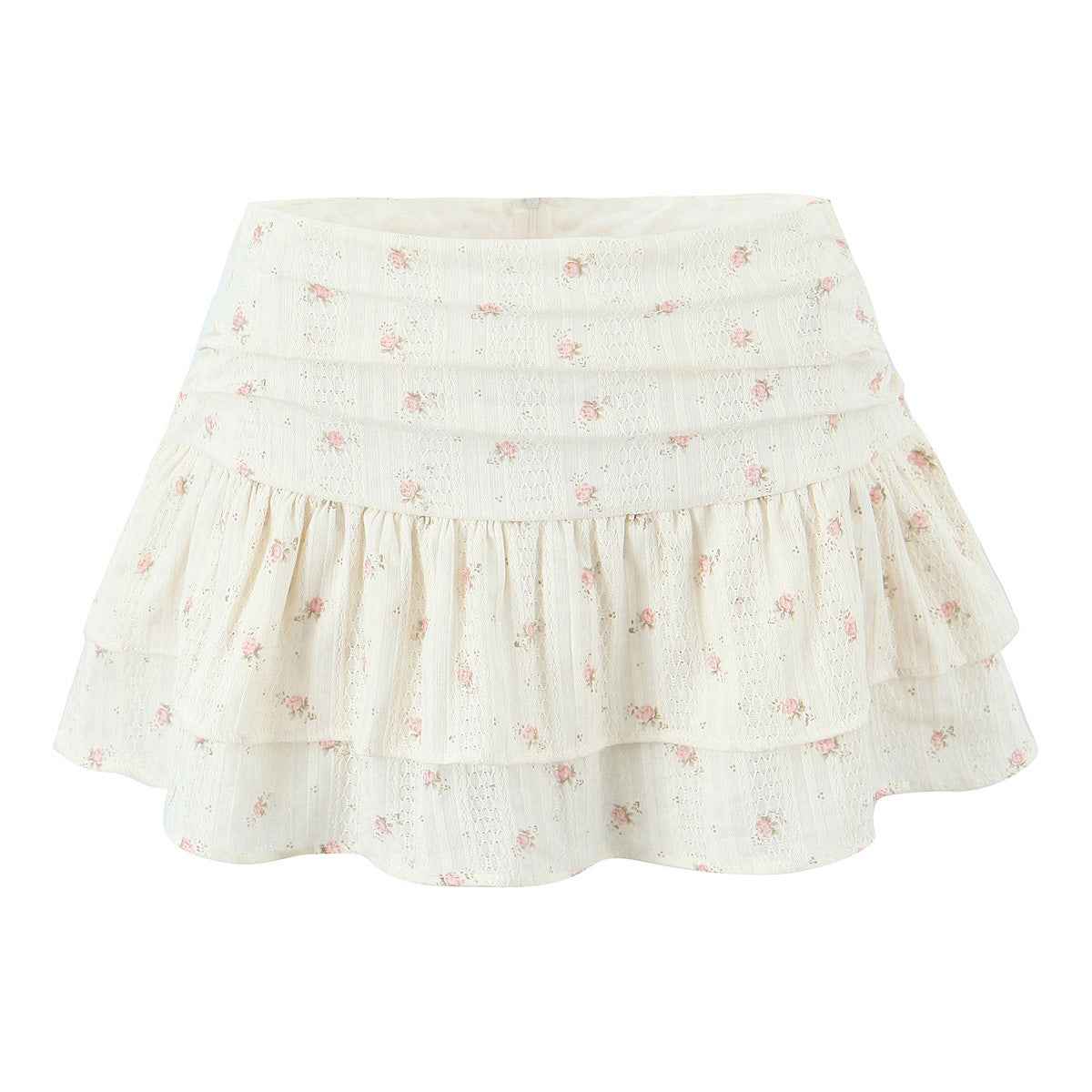 Apricot Small Floral Keel Waist Slim Back Strap Lotus Leaf Small Top Low Waist Cake Layer Mini Skirt Two Piece Sets