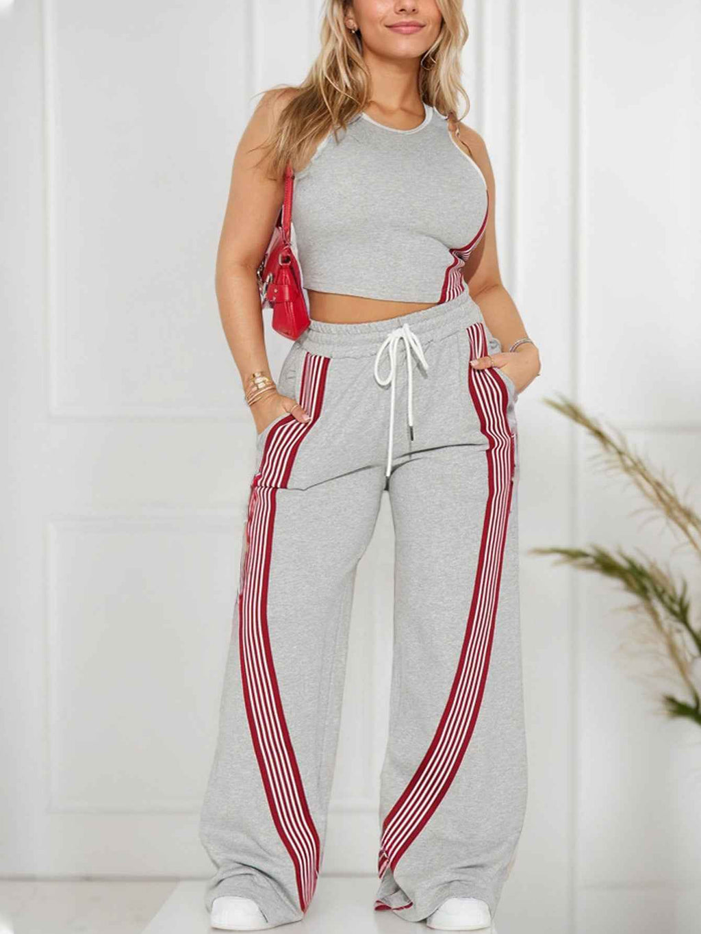 Women Clothing Casual Slim Fit Ribbon Stitching Vest Casual Wide Leg Pants Two Piece Sets Sports Women Clothing
