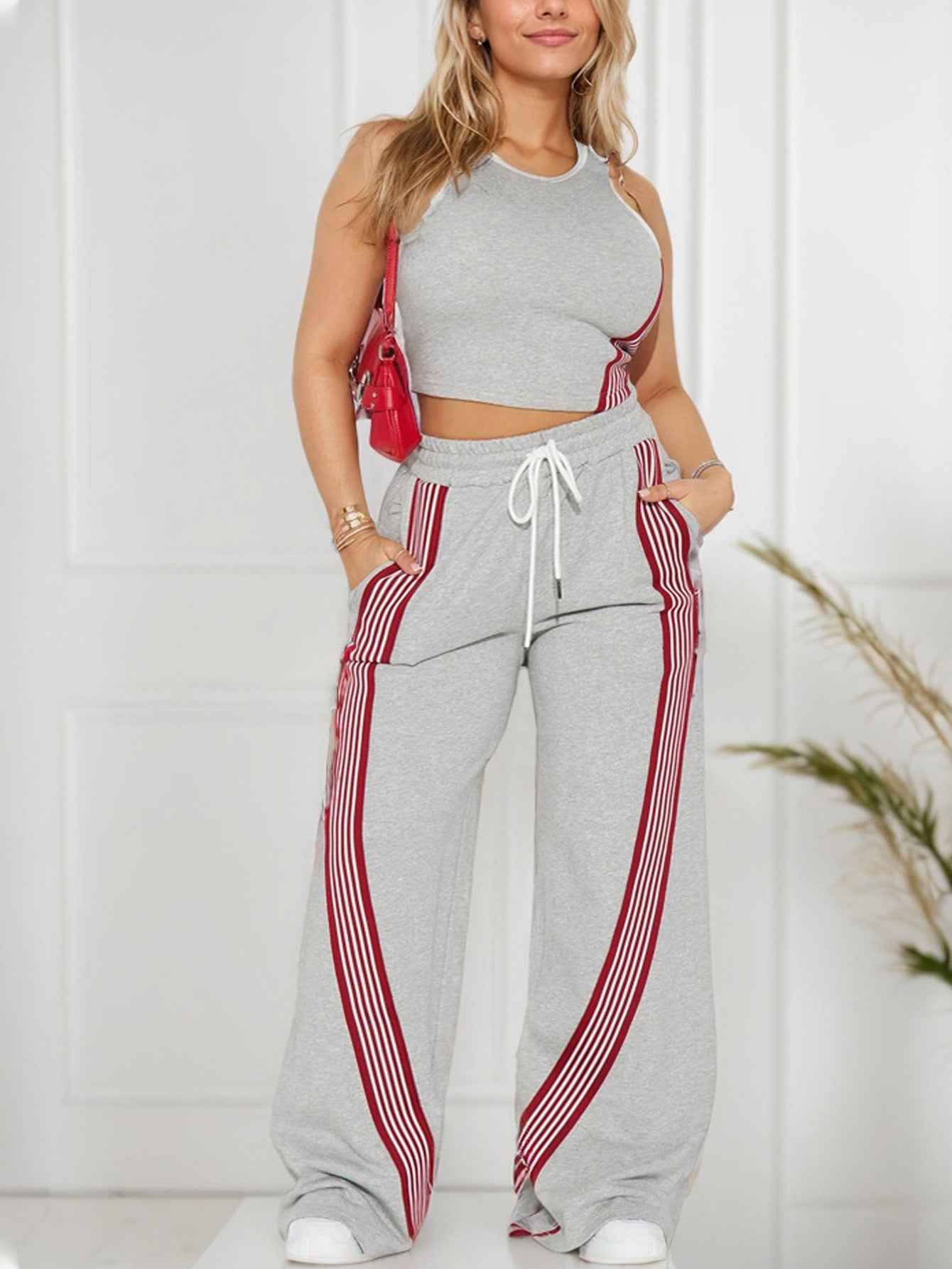 Women Clothing Casual Slim Fit Ribbon Stitching Vest Casual Wide Leg Pants Two Piece Sets Sports Women Clothing