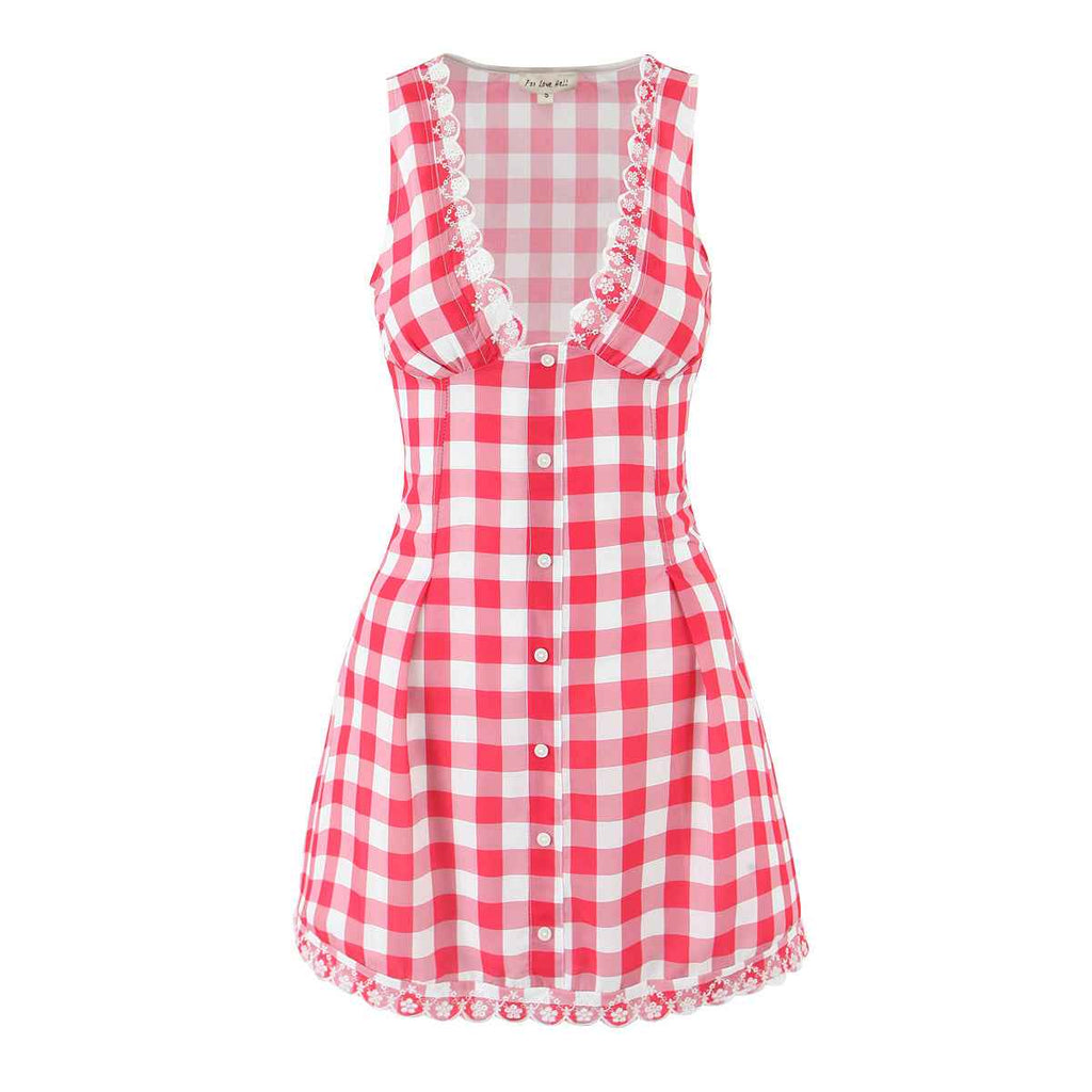Summer Classic Sexy Sexy Backless Western Short Dress Plaid V neck Halter Slim Fit Waist Trimming Spaghetti Straps Dress