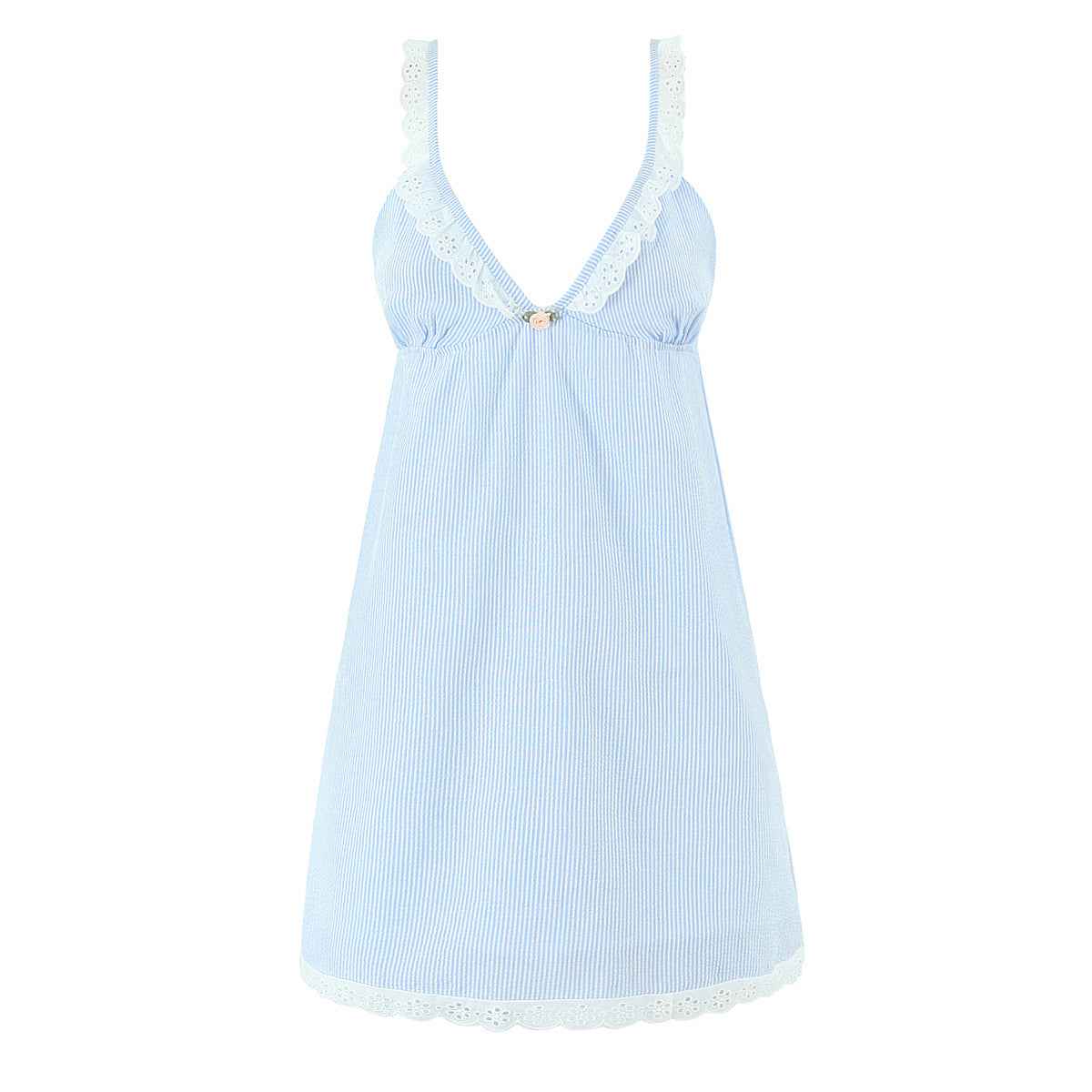French Sweet Sexy V neck Lace Patchwork Stripes Suspender Lace Vacation Backless Dress