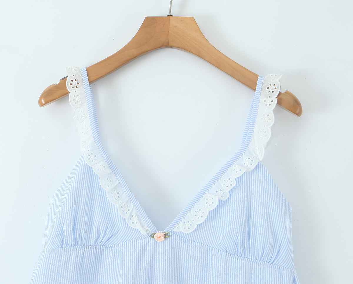 French Sweet Sexy V neck Lace Patchwork Stripes Suspender Lace Vacation Backless Dress