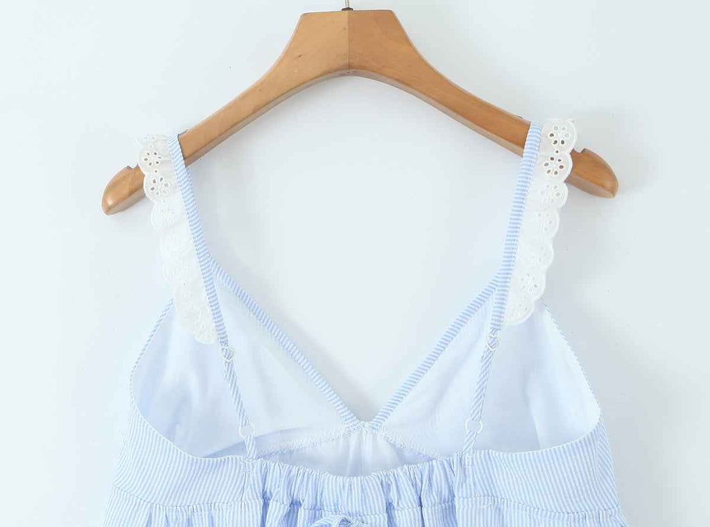 French Sweet Sexy V neck Lace Patchwork Stripes Suspender Lace Vacation Backless Dress