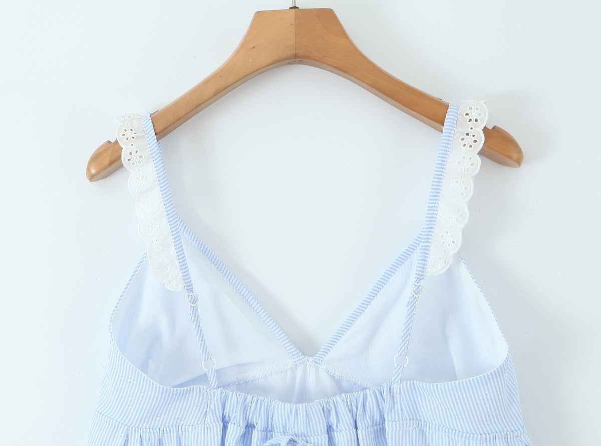 French Sweet Sexy V neck Lace Patchwork Stripes Suspender Lace Vacation Backless Dress