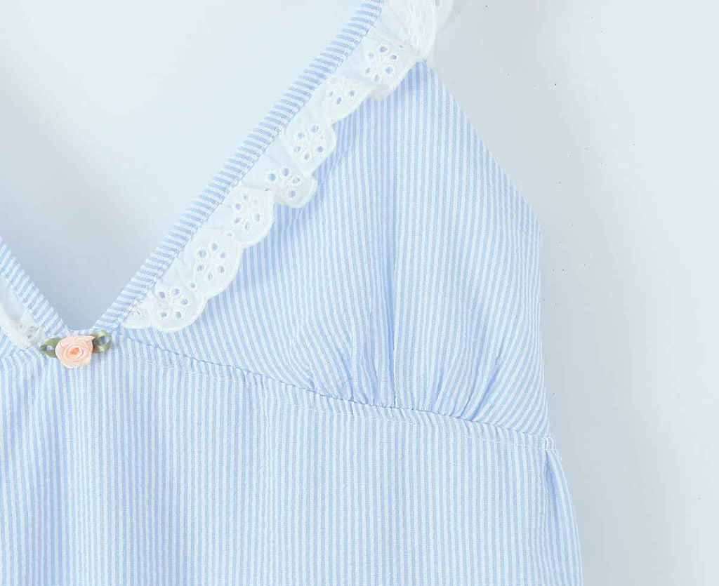 French Sweet Sexy V neck Lace Patchwork Stripes Suspender Lace Vacation Backless Dress