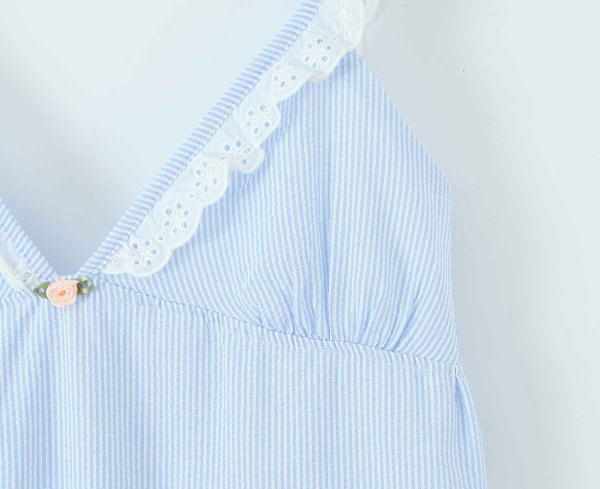 French Sweet Sexy V neck Lace Patchwork Stripes Suspender Lace Vacation Backless Dress