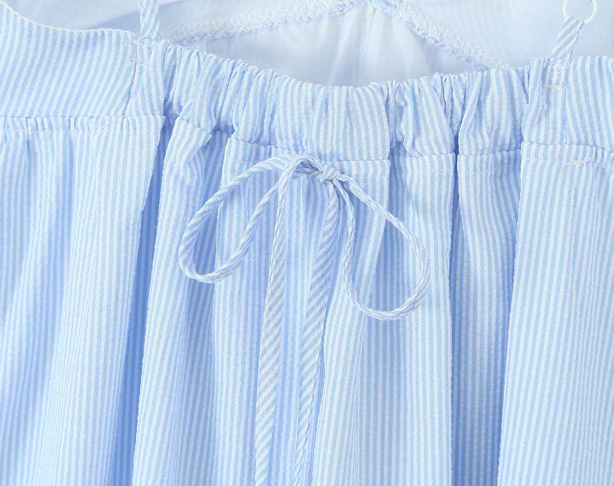 French Sweet Sexy V neck Lace Patchwork Stripes Suspender Lace Vacation Backless Dress