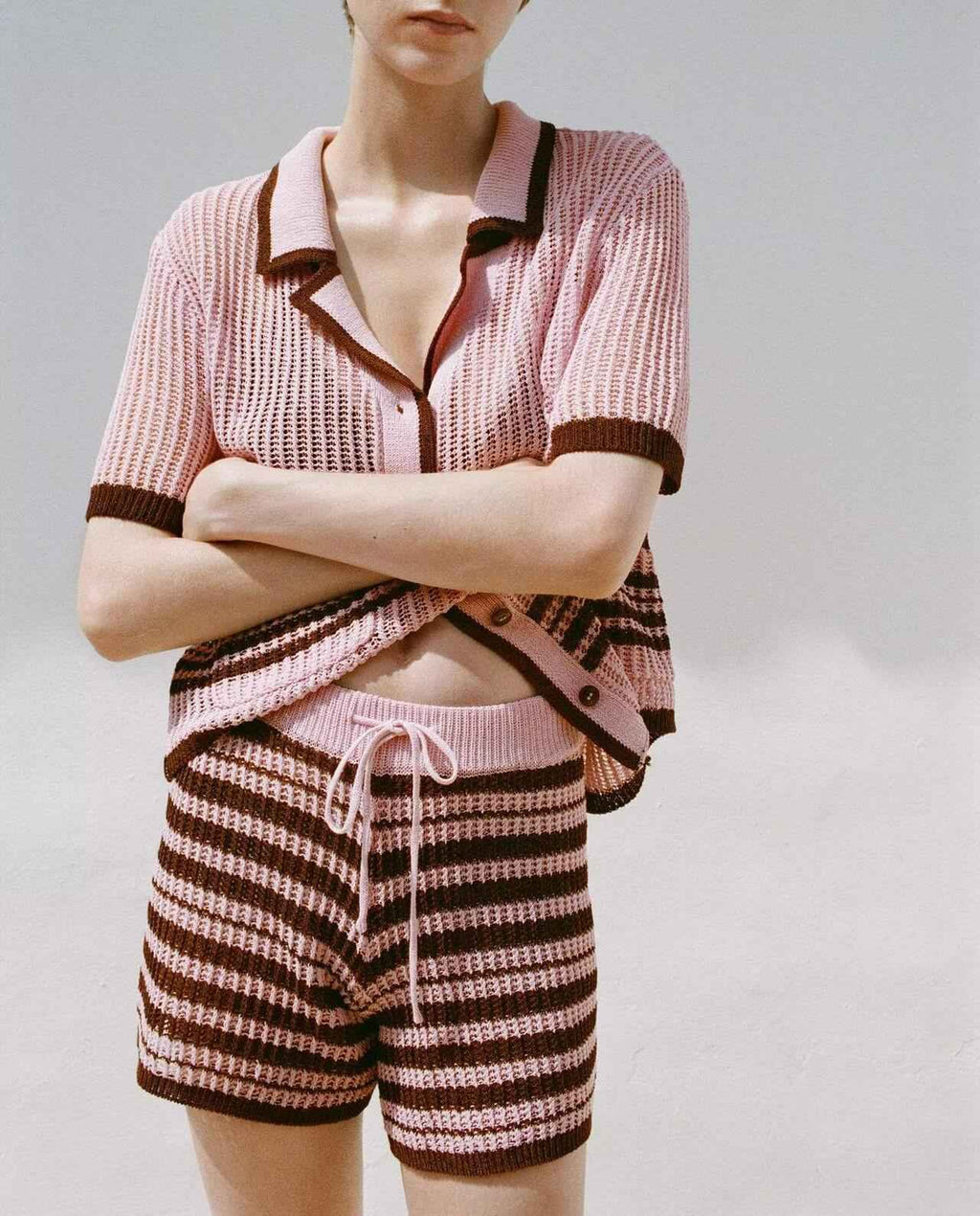 Lace up Spring Design Shorts Knitted Top Polo Collar Short Sleeve Casual Suit