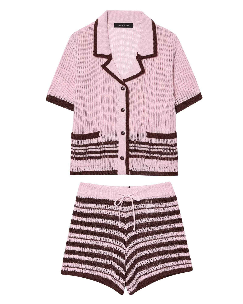 Lace up Spring Design Shorts Knitted Top Polo Collar Short Sleeve Casual Suit